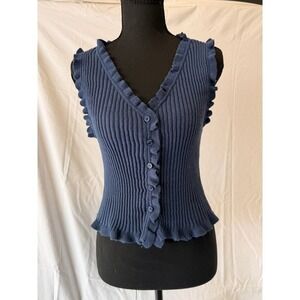 And Now This Women's Ribbed Ruffle Trim Button Front Sweater Vest Navy Blue S